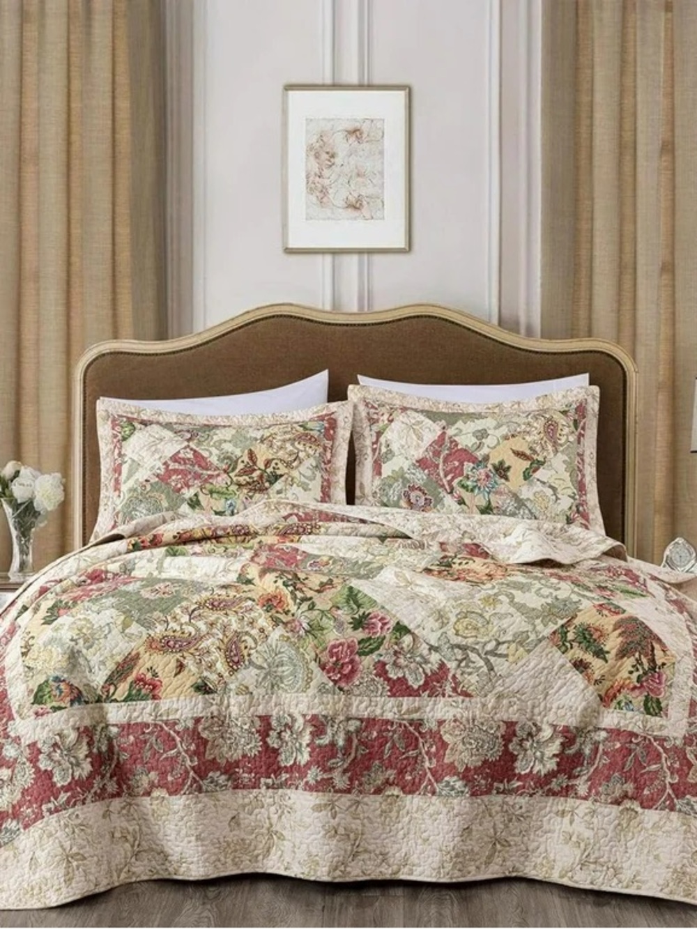 Floral Patchwork king 100% cotton Quilt Set in Red and Cream